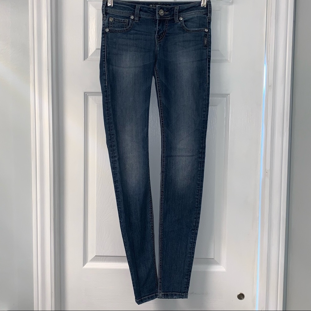 SILVER JEANS NOVEMBER denim JEGGINGS women’s Size 24  low rise bling skinny